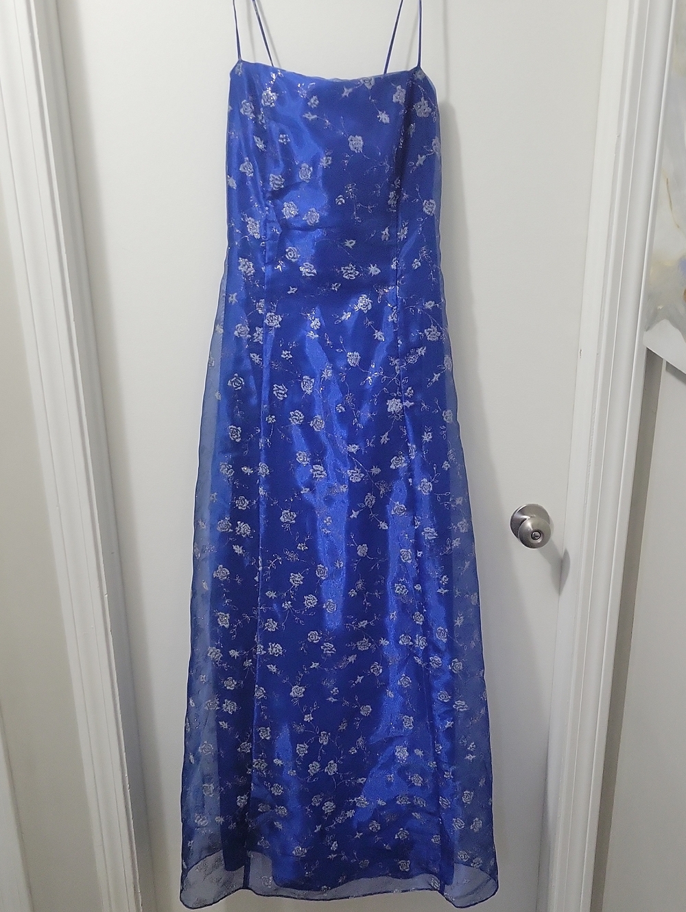 Blue Spaghetti Strap Floral Evening Gown
